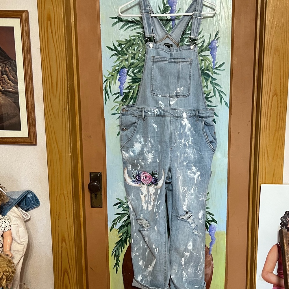 Wild Fable Overalls Denim Jeans  XL Hand Painted Southwest Light Wash Boyfriend